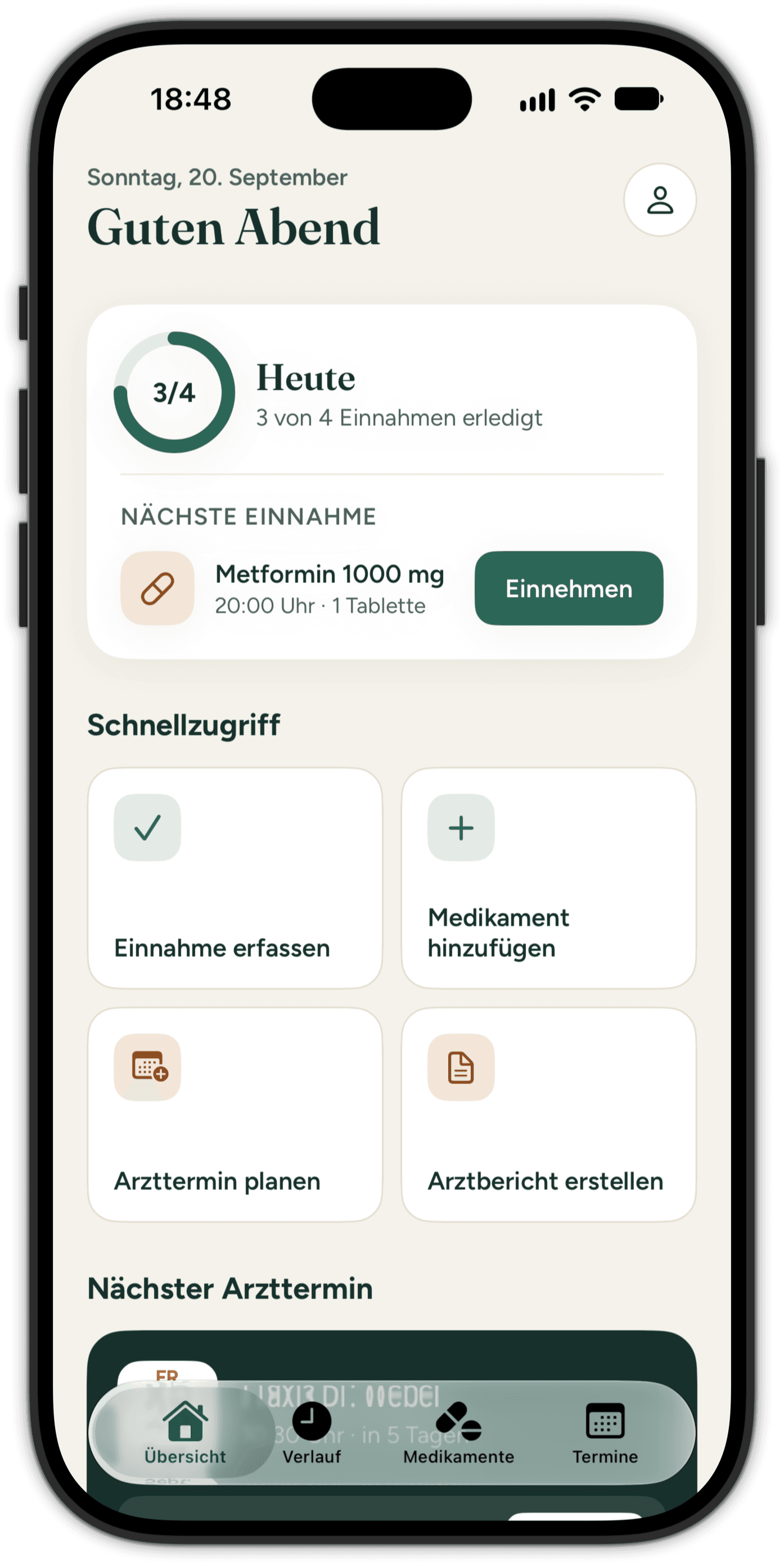 Medivo-Startbildschirm mit heutigen Einnahmen und nächstem Arzttermin